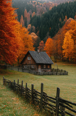 An inviting cabin rests amidst a breathtaking autumn scene. The image showcases a wooden fence leading to a house surrounded by trees with orange and yellow foliage. The composition and lighting create a sense of warmth and tranquility, suitable for various editorial and commercial applications.の素材