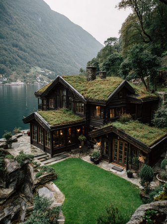 A picturesque cabin with a green roof sits on the edge of a serene lake, surrounded by lush vegetation and towering mountains. The architecture suggests a rustic style with wooden elements and inviting windows. Soft lighting indicates an evening or indoor ambiance. Suitable for illustrating travel, architecture, or nature-related themes.の素材