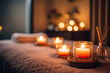 A close-up view presents a soft massage table adorned with glowing candles. The warm colors of the candles contrast with the textured surface. The background features blurred lights, suggesting an intimate, relaxing indoor environment. Suitable for wellness, relaxation and spa related purposes.の素材