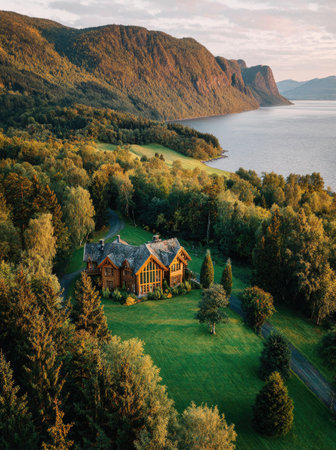 An aerial perspective showcases a wooden house surrounded by vibrant green trees and grass. A lake stretches beside mountains, with sunlight casting warm light. This picturesque scene could be utilized for travel brochures, environmental campaigns, or as a backdrop for various creative projects.の素材