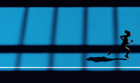 A silhouette of a person running is the focal point against a vibrant blue background. The image showcases the runner in action with dramatic lighting and contrasting colors. This dynamic composition could be used in various commercial applications, emphasizing movement and energy in the scene.の素材