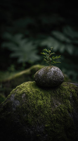 A close-up view presents a small green plant emerging from a rounded stone resting atop a moss-covered rock. The image displays a natural palette dominated by greens and browns, highlighting textures and contrasts. The lighting suggests an outdoor setting, potentially for commercial or editorial purposes.の素材