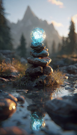 A pile of balanced stones topped with a glowing sphere is the focal point of the image. The composition features soft lighting with a slightly blurred background of mountains and trees. The scene suggests a tranquil outdoor setting, possibly during the day. It has potential uses for meditation, spiritual, or conceptual projects.の素材