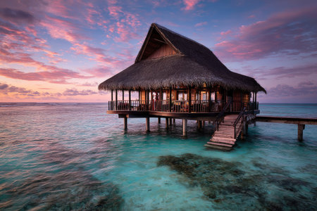 An overwater bungalow is featured in the image, constructed with natural materials and set against a backdrop of colorful sunset hues. The scene includes crystal-clear turquoise waters and a wooden walkway. It evokes tranquility and tropical environments suitable for travel and vacation-themed projects.の素材