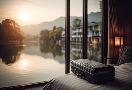 A suitcase rests on a bed inside a hotel room. The room has a large window that offers a picturesque view of a lake and mountains. The scene is bathed in warm sunlight, creating a relaxing atmosphere. This image could be used for travel, tourism, or lifestyle publications.の素材
