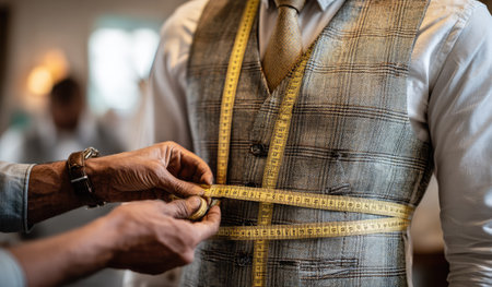 A tailor is shown measuring a client's chest with a yellow measuring tape. The client wears a patterned vest and a white dress shirt, indicating a professional environment. Soft, warm lighting suggests an indoor setting. The image could be suitable for editorial content or commercial uses related to fashion or business attire.の素材