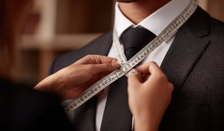A tailor is shown measuring the neck of a man wearing a suit jacket and tie. The image presents a close-up, focusing on the hands holding a measuring tape. The lighting appears soft, possibly indoors. This image is suitable for illustrating tailoring, fashion, or professional services.の素材