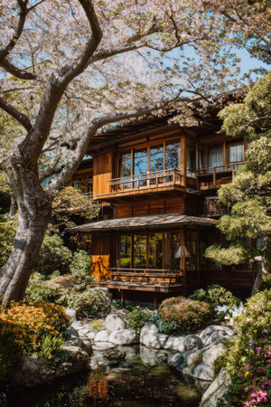 A traditional wooden structure is nestled amongst vibrant green foliage and blossoming trees. The composition highlights the building's architecture, complemented by the natural surroundings, creating a harmonious atmosphere. The image presents a blend of natural light and shadows, suitable for editorial and commercial applications.の素材