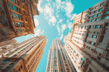 An upward perspective captures a group of skyscrapers against a vibrant blue sky with scattered clouds. The buildings showcase various architectural styles with detailed facades. Warm sunlight illuminates the structures, creating interesting shadows and highlights. Suitable for commercial projects or editorial content related to urban environments.の素材