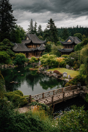 An image captures a serene Japanese garden featuring traditional pagoda-style buildings. A wooden bridge crosses a calm pond surrounded by lush greenery and trees. Overcast skies cast a soft light on the scene. Suitable for architectural, travel, and environmental design projects, and ideal for various creative and commercial applications.の素材