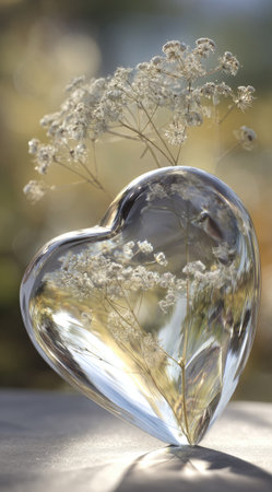 A close-up showcases a heart-shaped glass sculpture holding wispy, dried flowers. The composition features soft, diffused lighting with hints of green and brown hues. The image suggests a natural setting, evoking feelings of serenity and love, suitable for various editorial and commercial applications.の素材