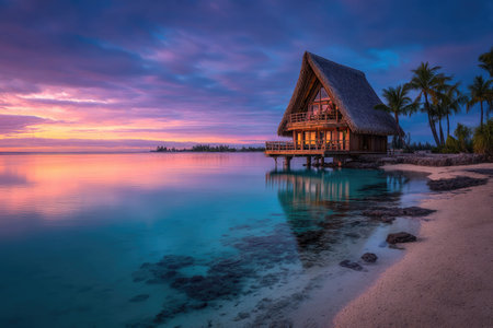 A picturesque waterfront bungalow stands at sunset with the vibrant sky reflected in the calm water. The composition showcases a colorful palette of blues, purples, and oranges. This image is suitable for various commercial uses, including travel, tourism, and lifestyle content.の素材
