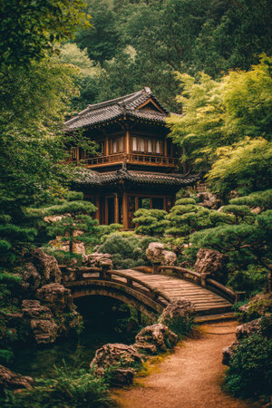 A traditional wooden structure is nestled amongst vibrant green foliage, framed by a small bridge. The image displays a balanced composition of natural elements, including a pathway and river rocks. The lighting is soft, suggesting a daytime setting, suitable for various editorial and commercial applications.の素材