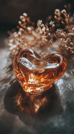 A close-up shot features a transparent heart-shaped object, possibly glass or crystal. It is set against a blurred background with soft brown and beige tones, suggesting an indoor setting. The composition includes delicate floral accents. This image could be used for various commercial projects related to love or romance.の素材