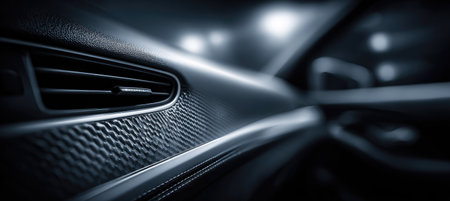 This image features a close-up of a vehicle's interior, showcasing the dashboard's textured surface and air vent. The composition uses a shallow depth of field, emphasizing the intricate patterns. The color palette is dominated by dark tones, with subtle highlights creating a contrast. This could be suitable for automotive, design, or lifestyle related content.の素材