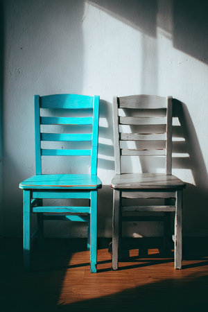Two wooden chairs stand against a white wall illuminated by strong sunlight. One chair is painted turquoise, the other gray. The composition highlights contrasting colors and textures. Ideal for various projects, it offers a clean, modern aesthetic suitable for design or editorial purposes. The image captures the essence of a tranquil indoor setting.の素材