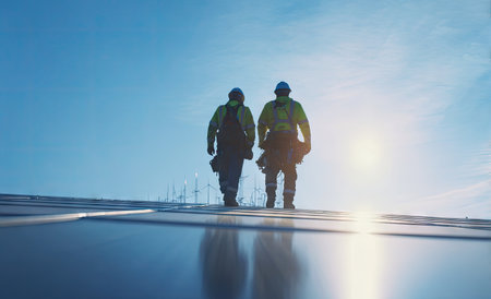 Two workers in safety gear walk across a reflective surface with a bright blue sky overhead. The image features a strong backlight, enhancing the silhouette of the figures. This composition, with its clean lines and bold colors, is well-suited for environmental, energy, or technological industry themes. The image suggests potential use for promotional material.の素材
