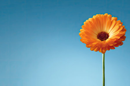 An isolated orange flower stands against a solid blue background. The image showcases a close-up of the flower's detailed petals and a green stem. The lighting is soft and even, highlighting the textures. Suitable for various design applications including decorative prints and educational materials.の素材