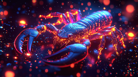 This digital artwork showcases a scorpion illuminated with neon colors, set against a dark, starry background. The image highlights the creature's intricate details with vivid blue and orange hues. Suitable for diverse design applications and creative projects, it provides a striking visual for various commercial and editorial uses.の素材
