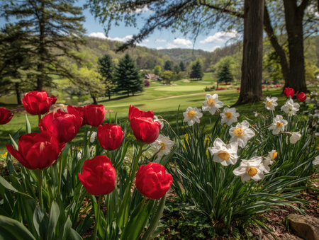 Bright red tulips and white daffodils flourish in a garden setting, illuminated by sunlight. Lush greenery, trees, and a distant landscape provide a natural backdrop. The composition suggests a serene outdoor scene, potentially suitable for editorial content or commercial applications.の素材