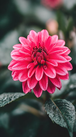 A close-up reveals a bright pink dahlia in full bloom. The flower's petals display intricate textures and shades, contrasted by blurred green foliage. The composition showcases natural lighting, emphasizing the details. This image is suitable for various design, decorative, and editorial applications.の素材