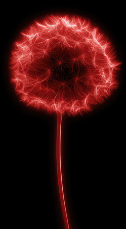 A close-up view presents a stylized red dandelion against a stark black background. The image highlights a glowing, network-like structure within the flower head. The lighting appears artificial, possibly suggesting digital illustration. Suitable for various creative projects and design applications, this image offers a visually striking aesthetic.の素材