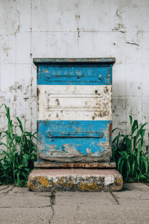 An aged beehive, painted blue and white, stands before a textured, weathered wall. Green plants flank the structure against a neutral background. The composition features a front-facing perspective. The image could be suitable for illustrating themes related to agriculture, environment, or nature.の素材