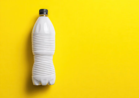 A close-up photograph showcases a white plastic bottle with a black cap, set against a vibrant yellow backdrop. The bottle's form is simple, with horizontal ridged textures, positioned centrally. The composition utilizes overhead lighting, enhancing the colors for potential use in advertising or product presentations.の素材