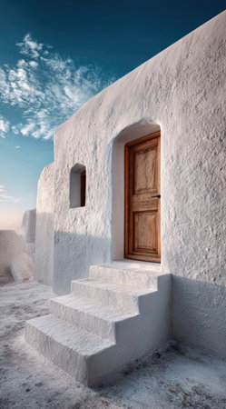 An exterior view showcases a whitewashed building, featuring a wooden door and ascending stairs. The composition displays strong geometric lines and textures, bathed in sunlight with a clear blue sky background. This image could be suitable for architectural, travel, or design-related visual content, emphasizing simplicity and clean aesthetics.の素材