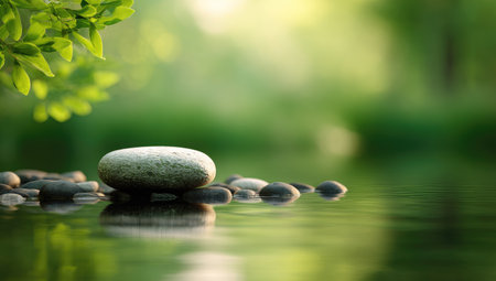 A close-up captures smooth stones resting on tranquil water. Soft green hues dominate the image, with natural sunlight creating a sense of calm. The composition evokes peace and reflection, suitable for visual content related to wellness or natural themes. The image may be used for various commercial and editorial applications.の素材