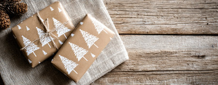 Two wrapped gifts featuring a white tree pattern are presented on a rustic wooden surface. The composition includes a neutral-toned fabric beneath, enhancing the visual appeal. This image displays a high-angle perspective, suitable for various design projects, including holiday-themed content or festive promotions.の素材