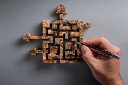 A close-up view depicts a wooden maze with embedded arrow symbols. A hand holding a pen interacts with the maze. The image showcases a muted color palette, highlighting the texture of the wood against a neutral backdrop. It suggests themes of problem-solving and direction, suitable for diverse commercial and educational purposes.の素材