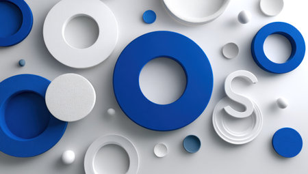 Abstract 3d rendering of geometric shapes in blue and white colors. Creative background with circles.の素材