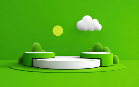 3d render of abstract minimal geometric forms. Glossy white podium for your design. Cylinder stage with green background.の素材