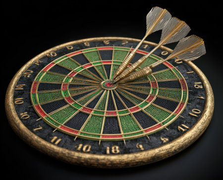 Darts hit the center of a dartboard. 3d illustrationの素材