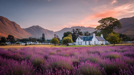 Lavender field at sunset, Lake District, England, UKの素材