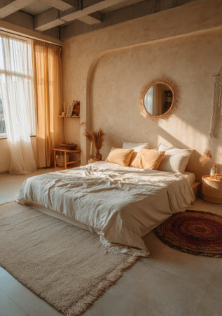 interior of a luxury bedroom with a large bed and a mirrorの素材