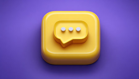 3d rendering of yellow square speech bubble icon on purple background.の素材