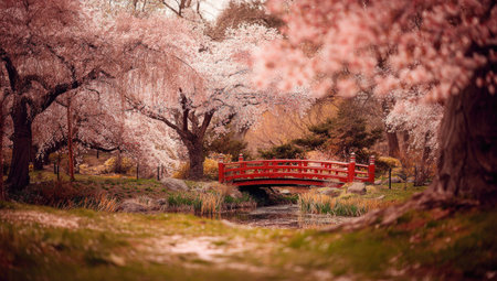 Japanese garden with cherry blossom trees and bridge in Tokyo, Japanの素材