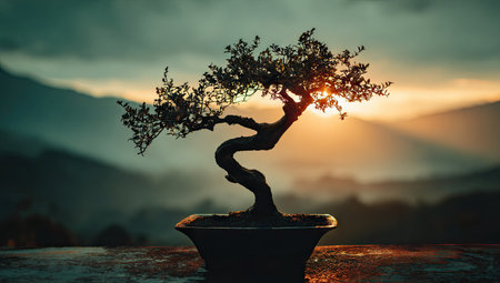 bonsai tree in vase on wooden table with sunset sky backgroundの素材