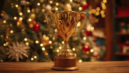 Golden trophy on wooden table with Christmas tree and bokeh backgroundの素材