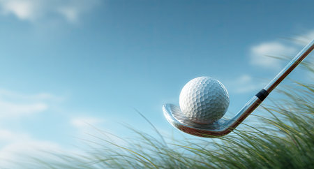 Golf ball on a golf club against blue sky and grass backgroundの素材