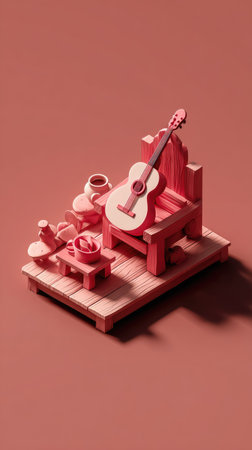 guitar and roses on a wooden platform, 3d illustrationの素材