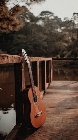 Guitar on a wooden bridge over the river in the parkの素材