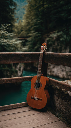 guitar on a wooden bridge over a mountain river in summerの素材