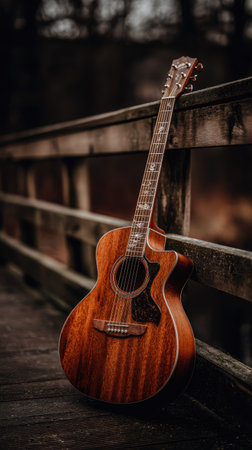 Guitar on wooden background. Vintage style. Selective focus.の素材