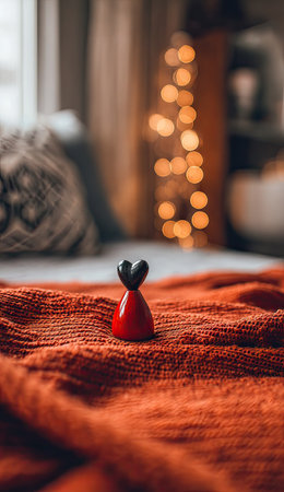 Cozy home interior. Red heart on the bed. Bokeh background.の素材