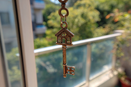 Key in the shape of a house on the background of the windowの素材