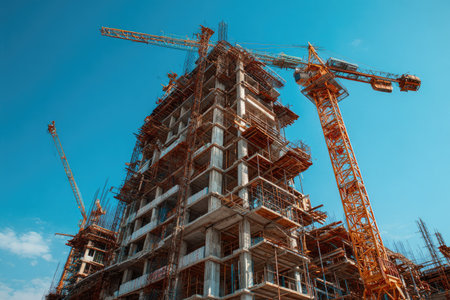 Construction site with cranes and building under construction against blue sky.の素材