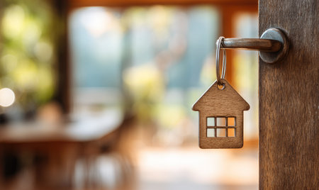 Wooden house key with keychain in the shape of a houseの素材